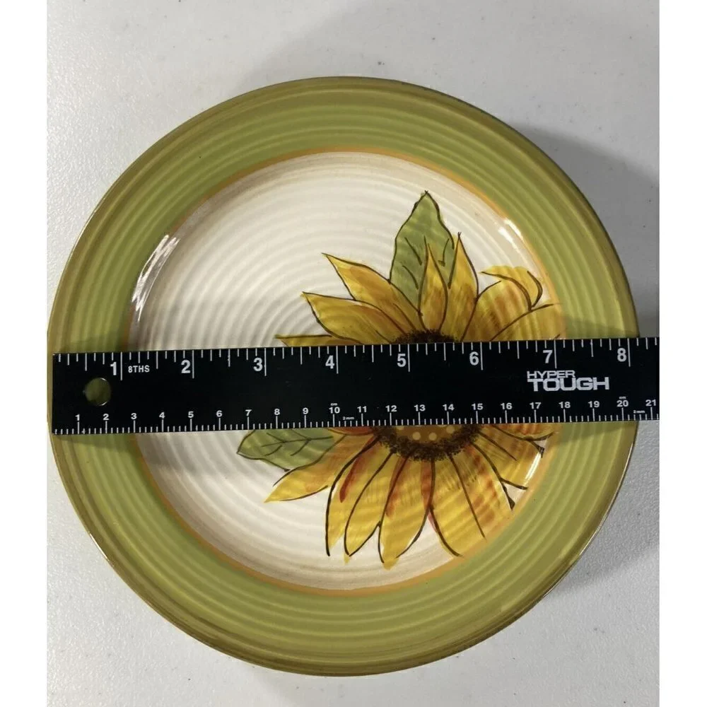 Set Of 6 Clay Art Sunflower‎ Hand Painted Stone Lite Salad Dessert Plates 8.25